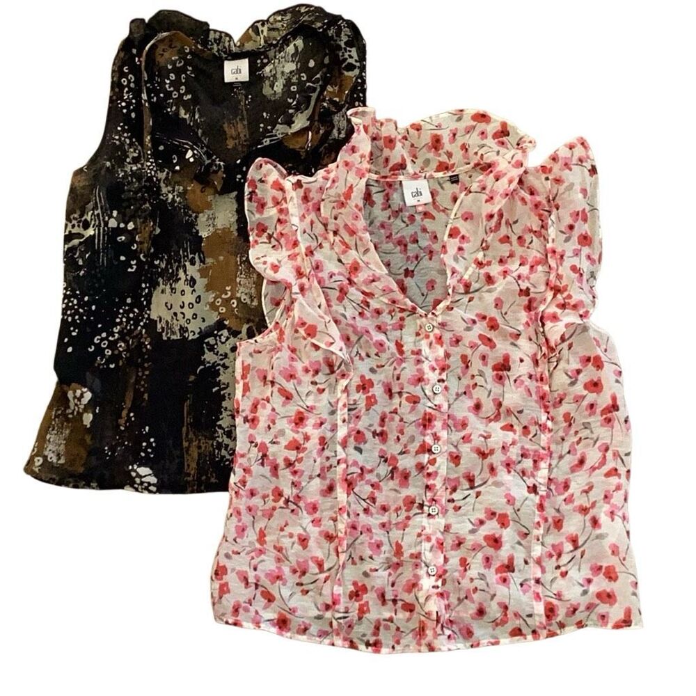 Cabi Lot of 2 Blouse Top Size Medium Floral Ruffle & Abstract Print
